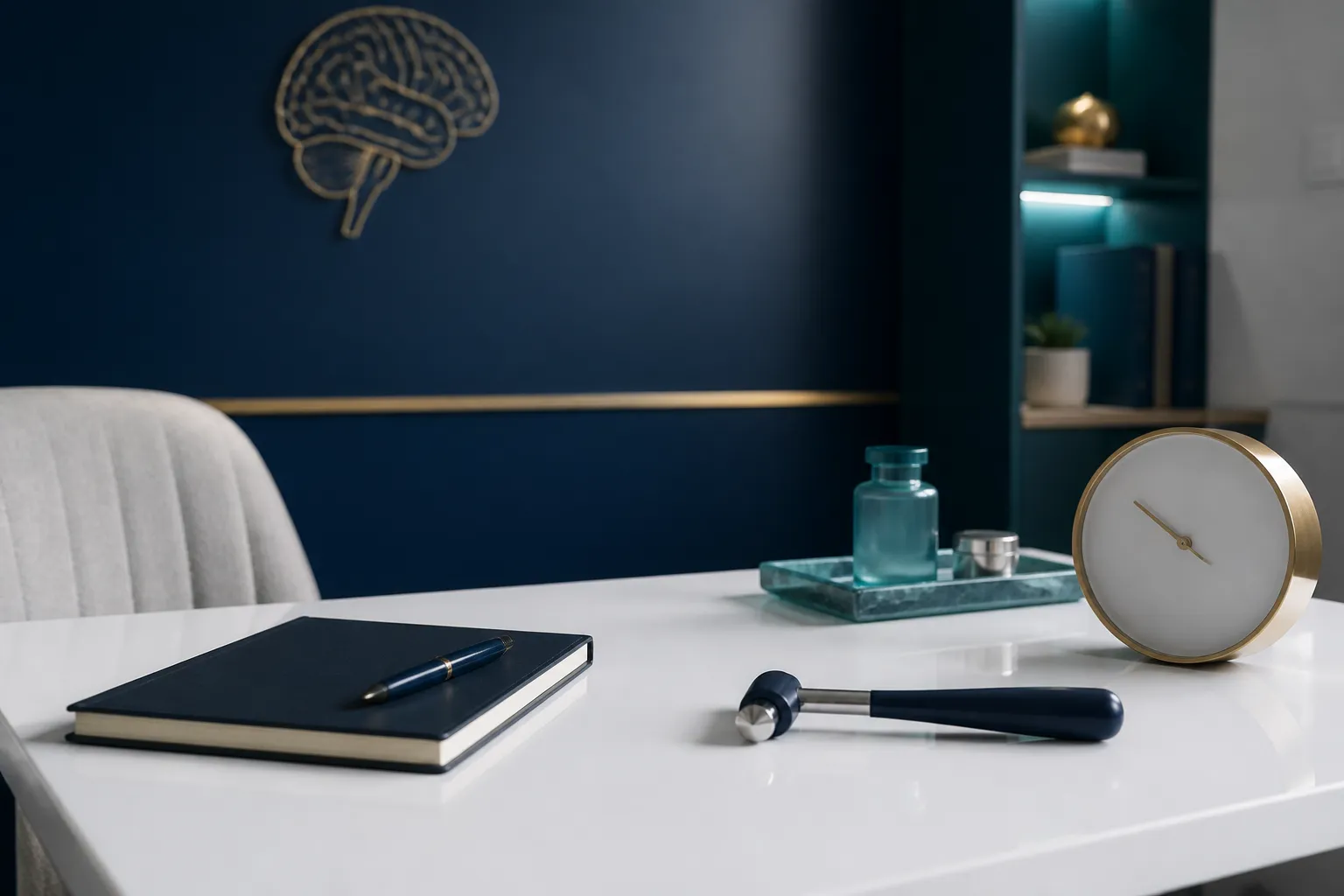 Meja pemeriksaan neurologi yang rapi dengan palu refleks dan catatan, cahaya klinis cool bernuansa navy dan teal, tanpa wajah