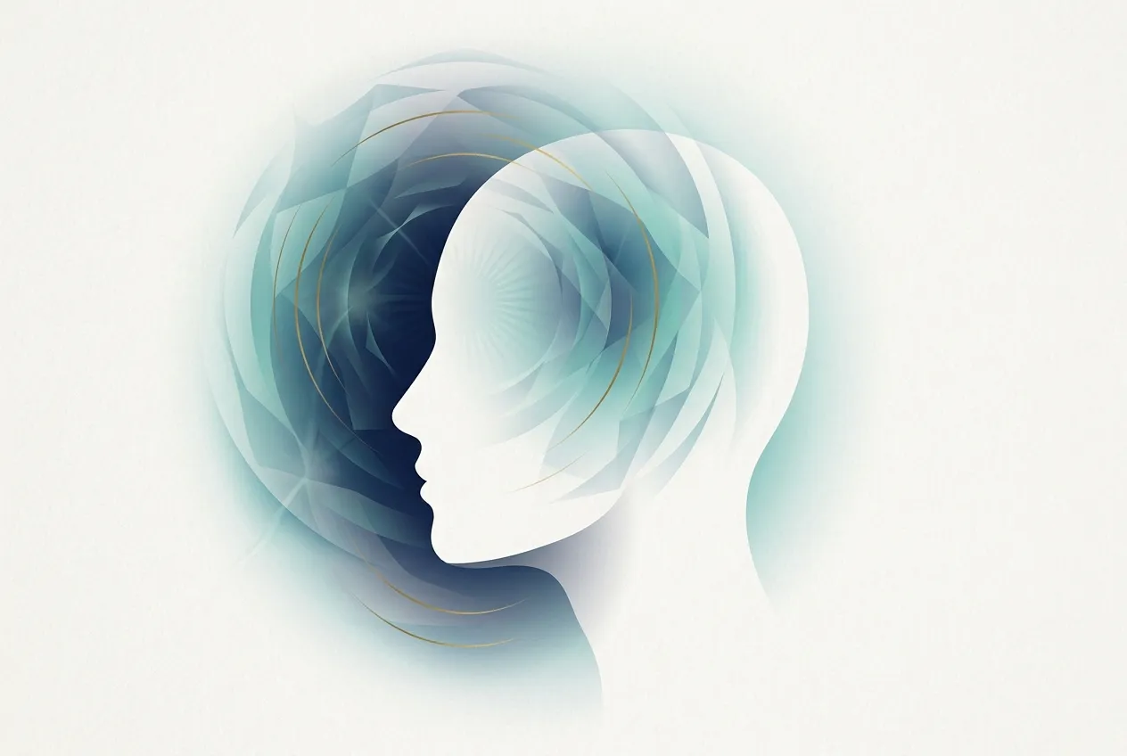 Ilustrasi abstrak gelombang cahaya berkilau dan garis zigzag lembut yang menggambarkan aura visual migrain, nuansa navy dan teal