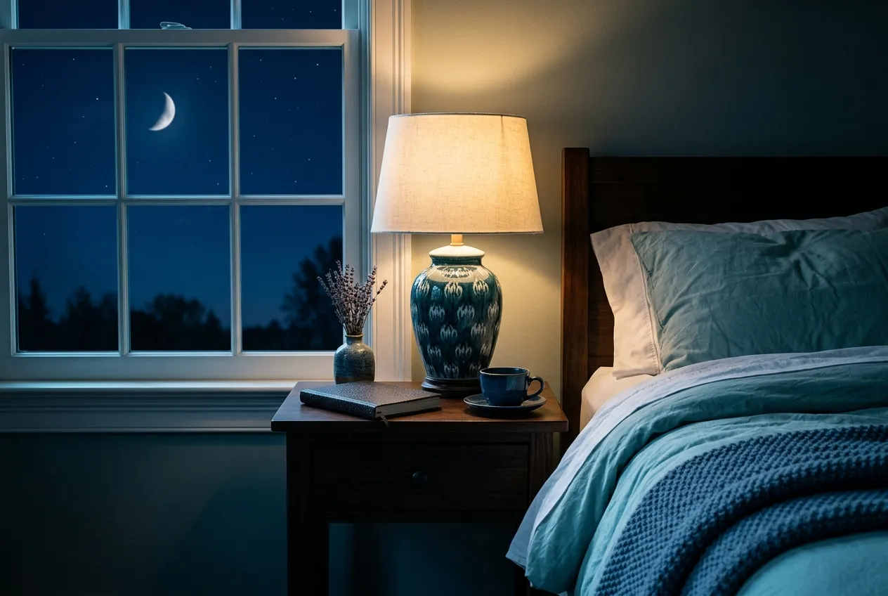 Suasana kamar tidur yang tenang dan remang menjelang malam, melambangkan proses memperbaiki kualitas tidur