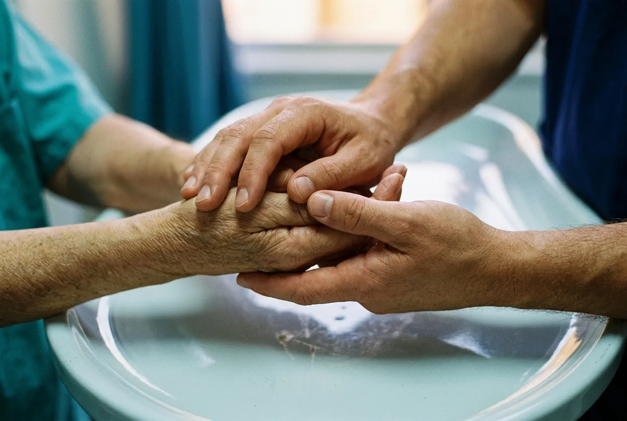Tangan keluarga yang saling menggenggam dengan lembut di dekat jendela rumah, melambangkan dukungan dalam pemulihan pasca stroke